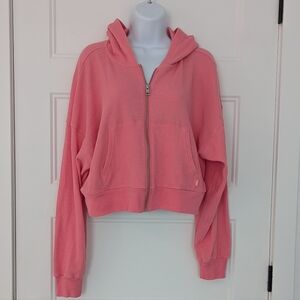 TNA Aritzia Waffle Knit Zip Hoodie Pink Cropped Hooded Sweatshirt Size 2